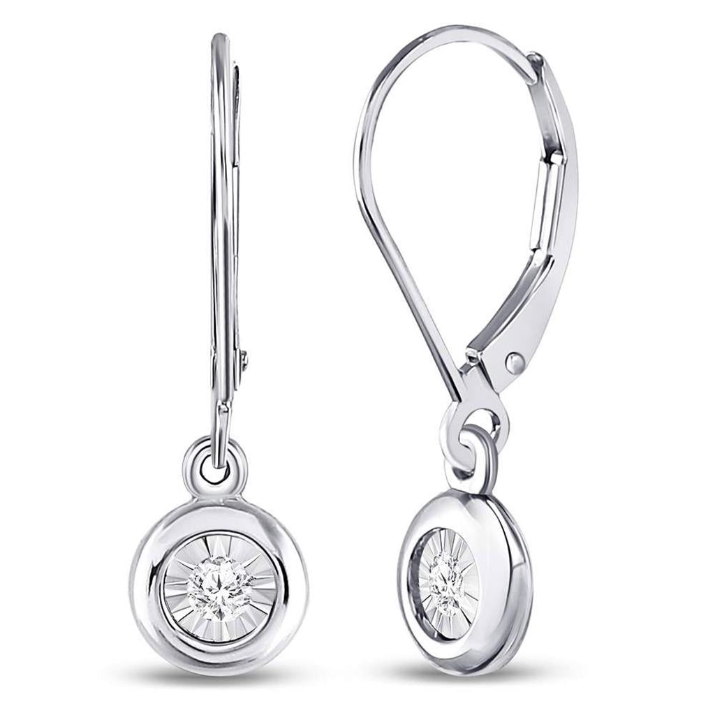 14k White Gold Round Diamond Illusion Dangle Leverback Earrings 1/20 Cttw