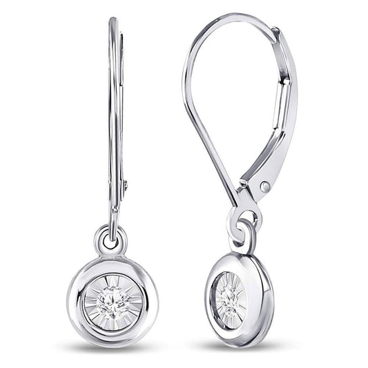 14k White Gold Round Diamond Illusion Dangle Leverback Earrings 1/20 Cttw