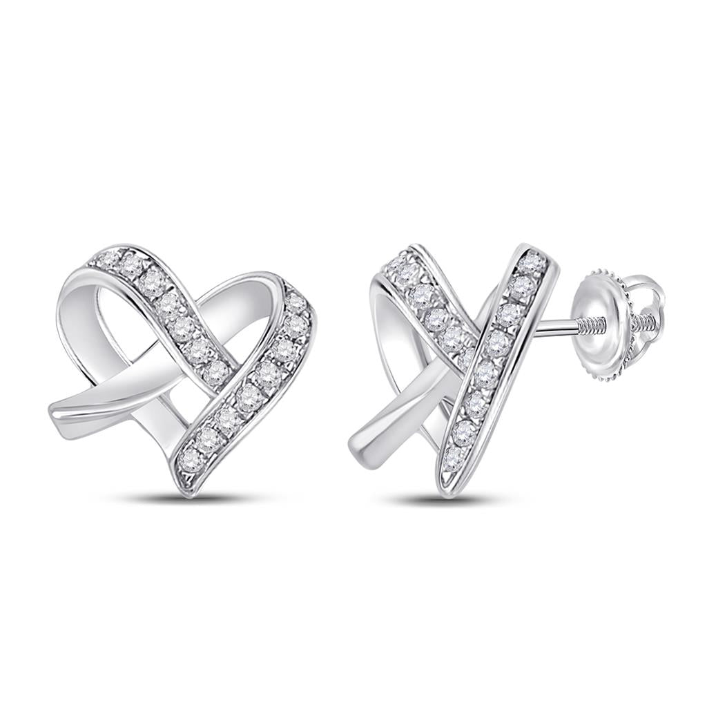 14k White Gold Round Diamond Heart Earrings 1/10 Cttw