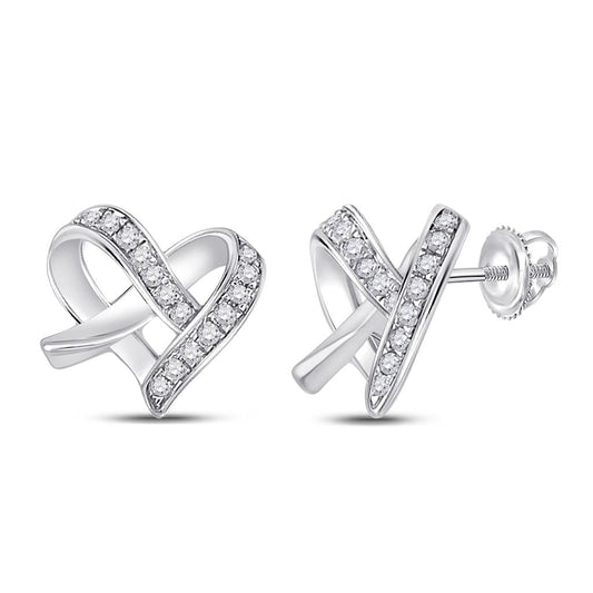 14k White Gold Round Diamond Heart Earrings 1/10 Cttw