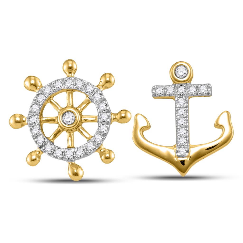 10k Yellow Gold Round Diamond Anchor Wheel Nautical Earrings 1/10 Cttw