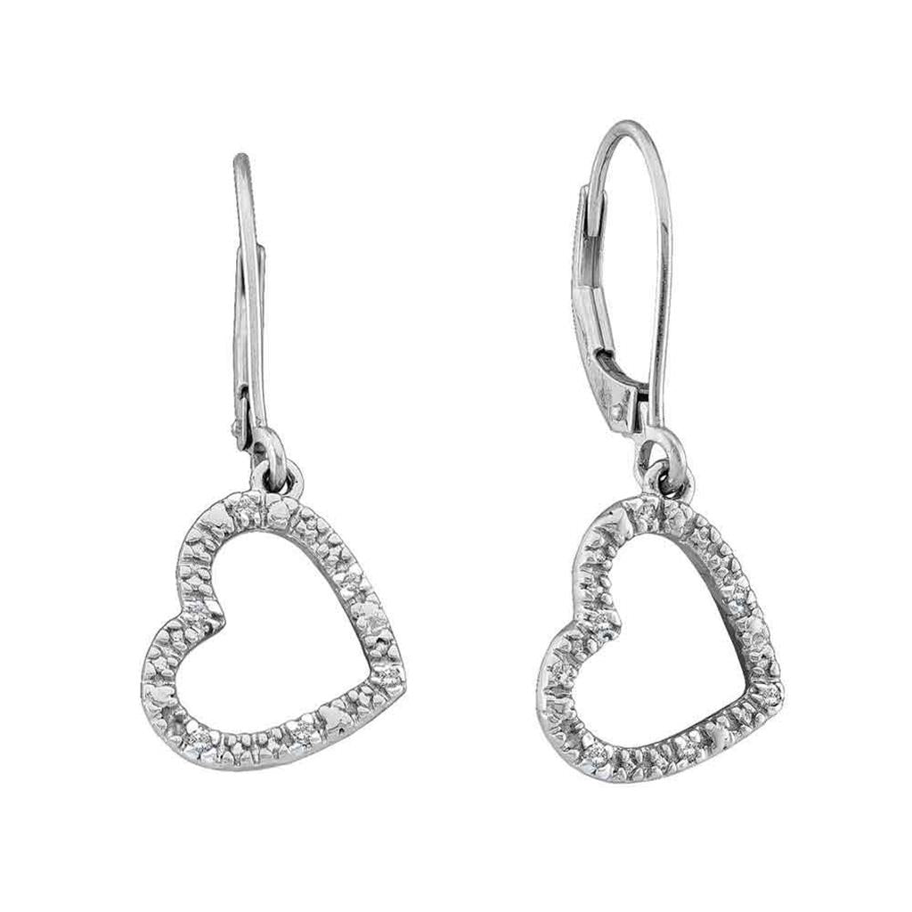 14k White Gold Round Diamond Heart Dangle Earrings 1/20 Cttw