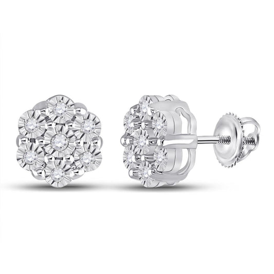 14k White Gold Round Diamond Flower Cluster Earrings 1/10 Cttw