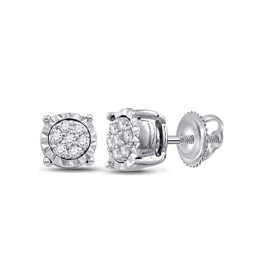 14k White Gold Round Diamond Flower Cluster Earrings 1/10 Cttw