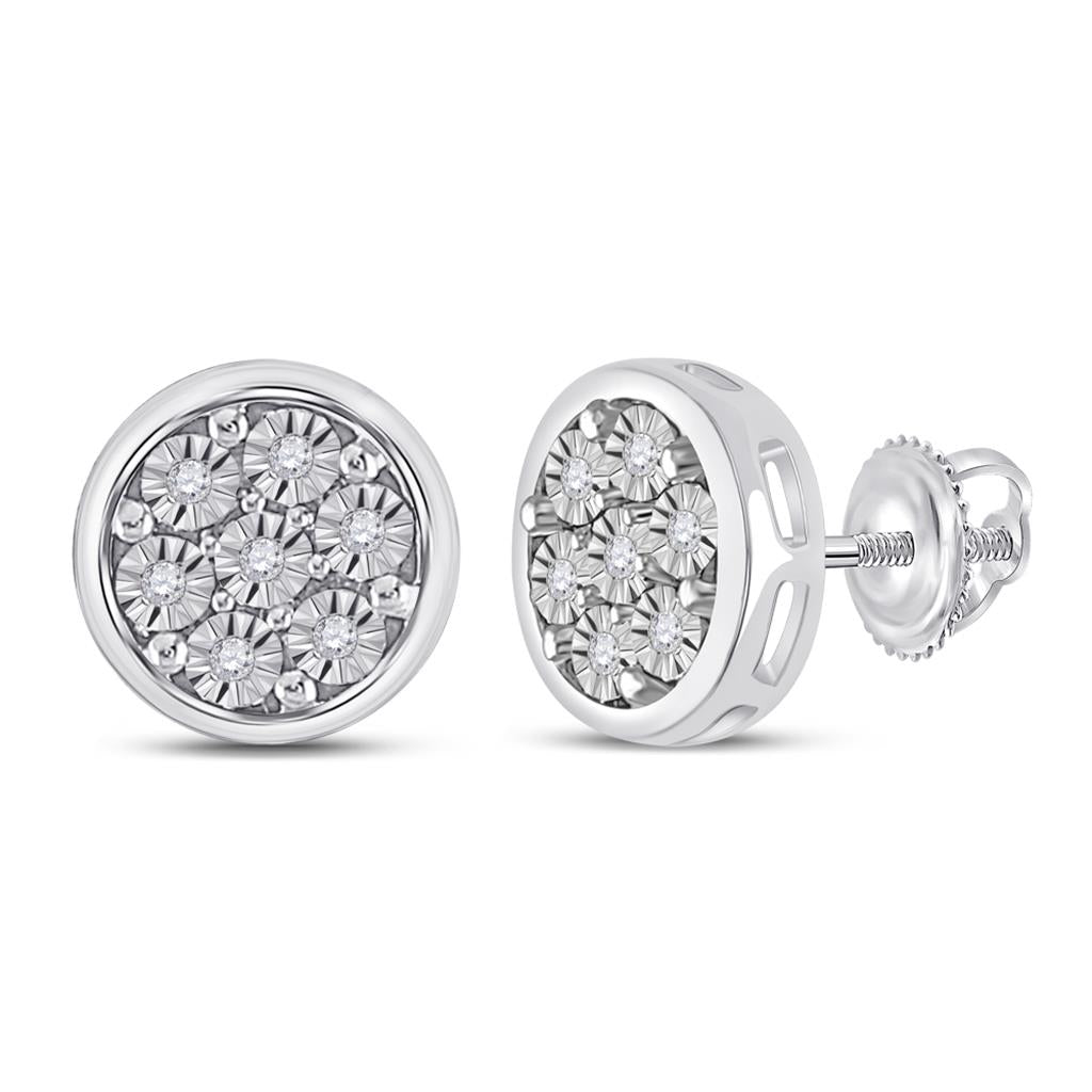 14k White Gold Round Diamond Circle Cluster Earrings 1/20 Cttw