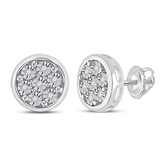 14k White Gold Round Diamond Circle Cluster Earrings 1/20 Cttw