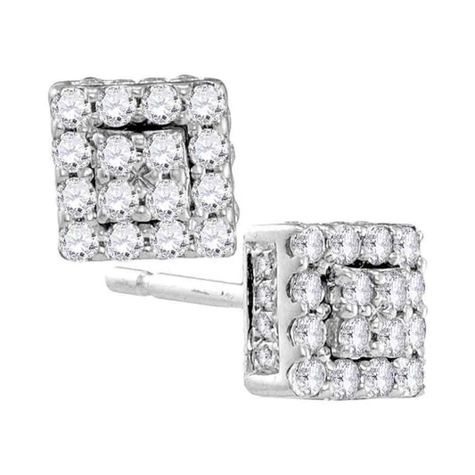 14k White Gold Round Diamond Square Cluster Earrings 1/3 Cttw