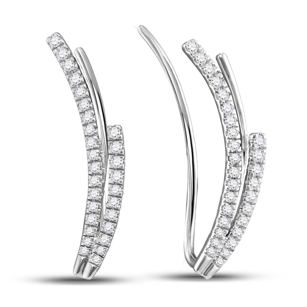 14k White Gold Round Diamond Double Row Climber Earrings 1/3 Cttw