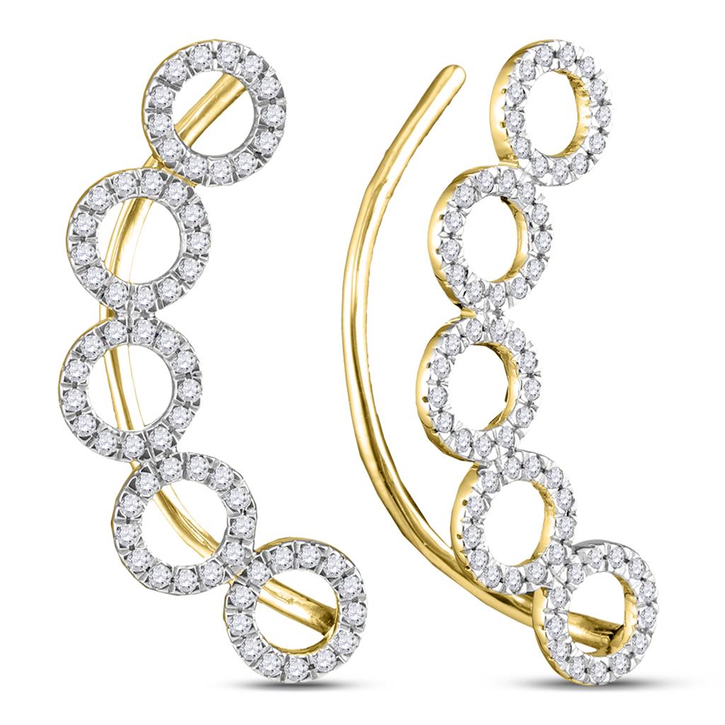 10k Yellow Gold Round Diamond Circle Climber Curved Earrings 1/3 Cttw