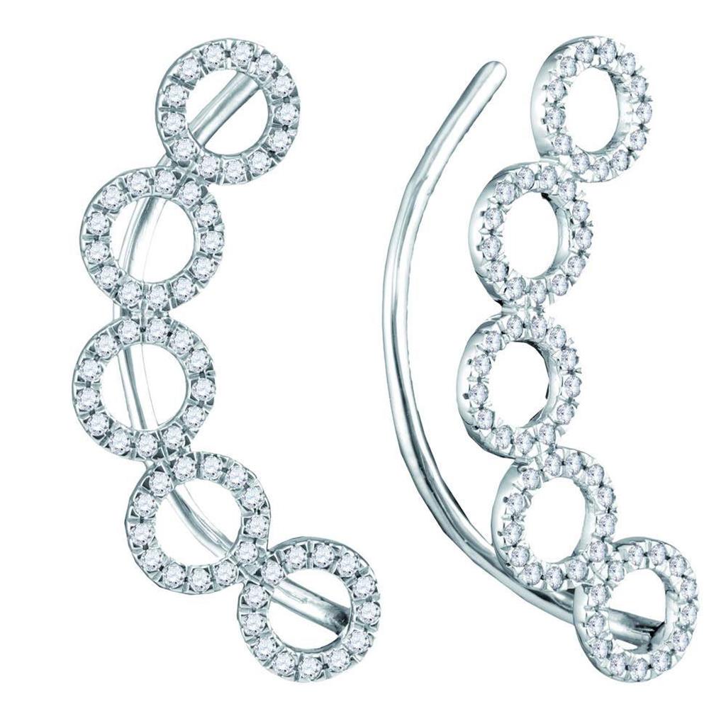 14k White Gold Round Diamond Circle Climber Curved Earrings 1/3 Cttw