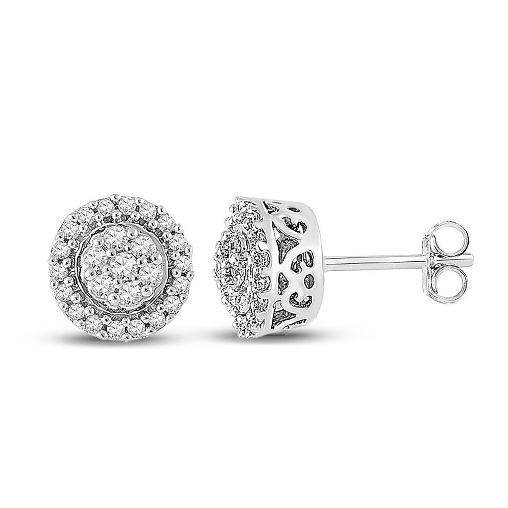 14k White Gold Round Diamond Flower Cluster Earrings 1/4 Cttw