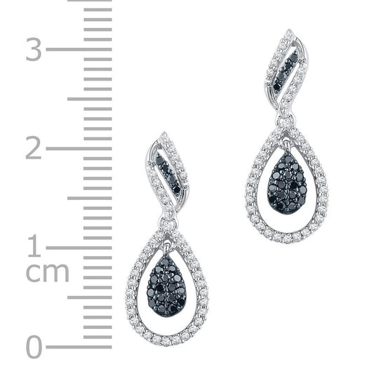 14k White Gold Round Black Diamond Dangle Earrings 1/2 Cttw