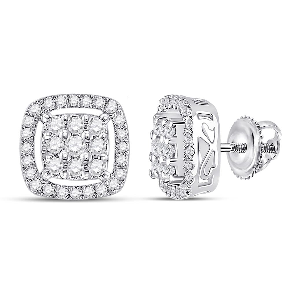 14k White Gold Round Diamond Square Frame Cluster Earrings 1/2 Cttw