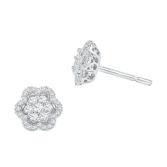 14k White Gold Round Diamond Flower Cluster Stud Earrings 1/2 Cttw