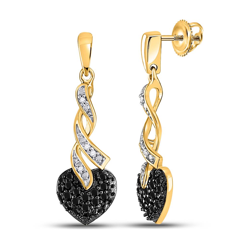 10k Yellow Gold Round Black Diamond Heart Earrings 1/5 Cttw