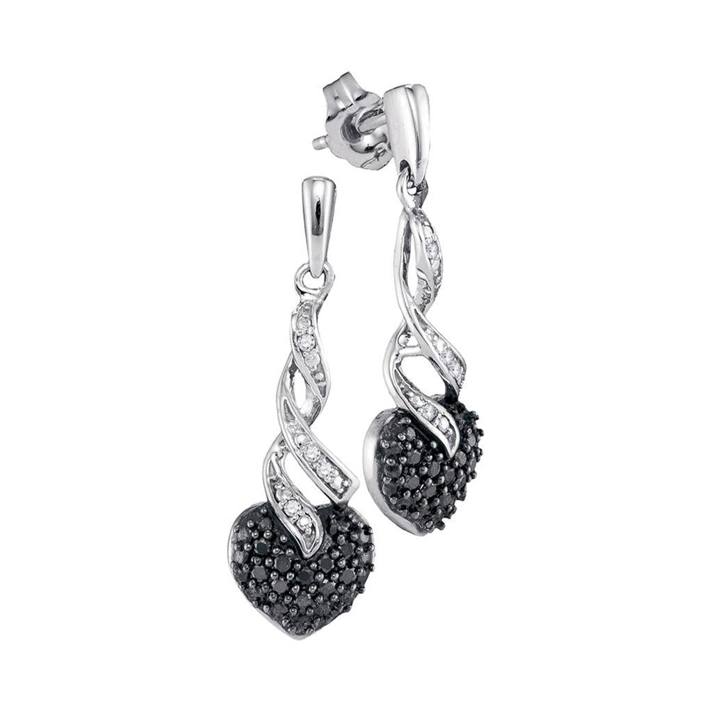 14k White Gold Round Black Diamond Heart Earrings 1/5 Cttw