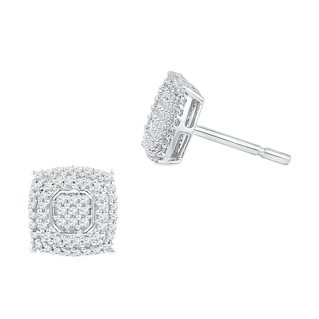 14k White Gold Round Diamond Square Cluster Earrings 1/2 Cttw