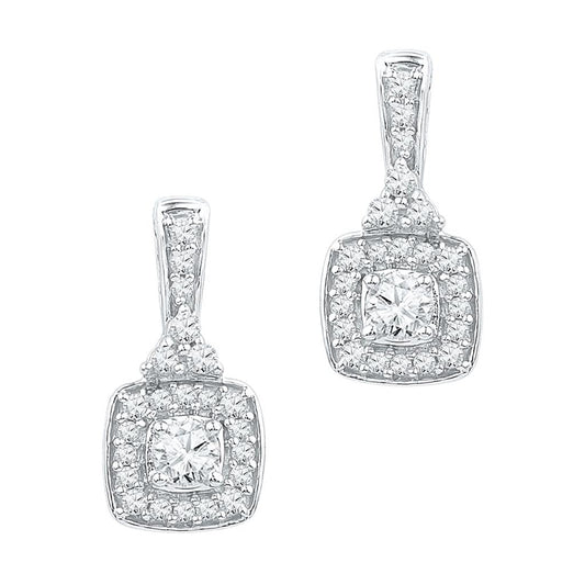 14k White Gold Round Diamond Square Dangle Earrings 1/2 Cttw