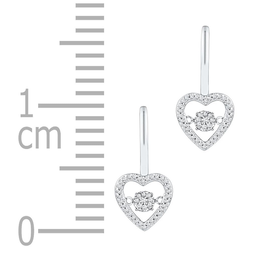 14k White Gold Round Diamond Heart Moving Twinkle Dangle Earrings 1/4 Cttw