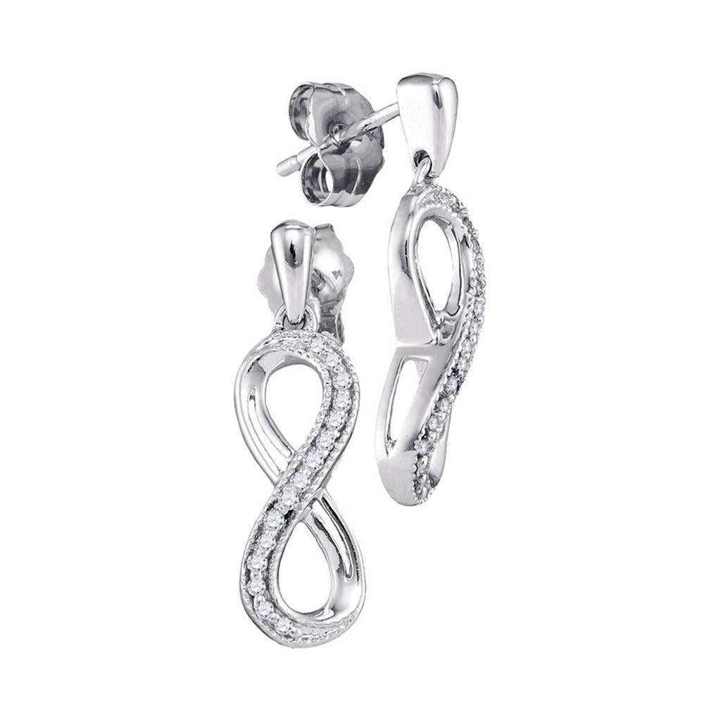 14k White Gold Round Diamond Infinity Dangle Earrings 1/10 Cttw