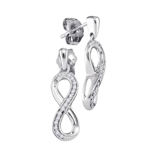 14k White Gold Round Diamond Infinity Dangle Earrings 1/10 Cttw