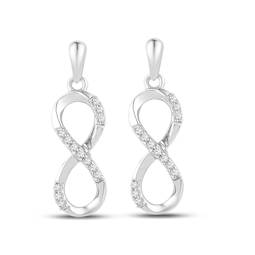 14k White Gold Round Diamond Infinity Dangle Earrings 1/10 Cttw