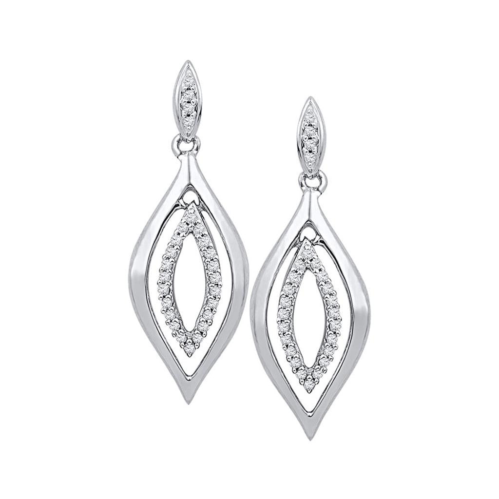 14k White Gold Round Diamond Double Oval Dangle Earrings 1/6 Cttw