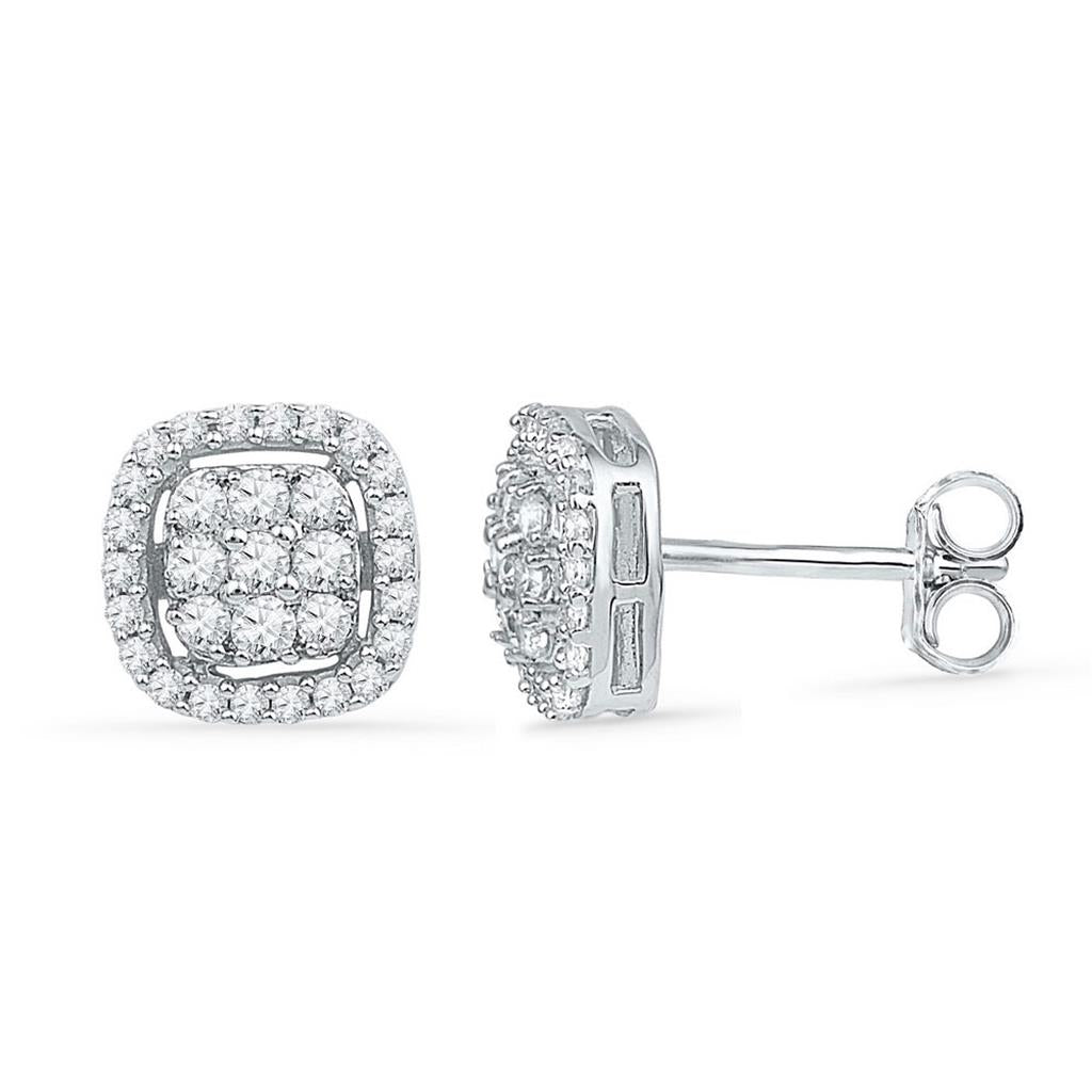 14k White Gold Round Diamond Square Cluster Earrings 1/2 Cttw