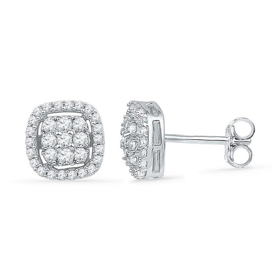 14k White Gold Round Diamond Square Cluster Earrings 1/2 Cttw