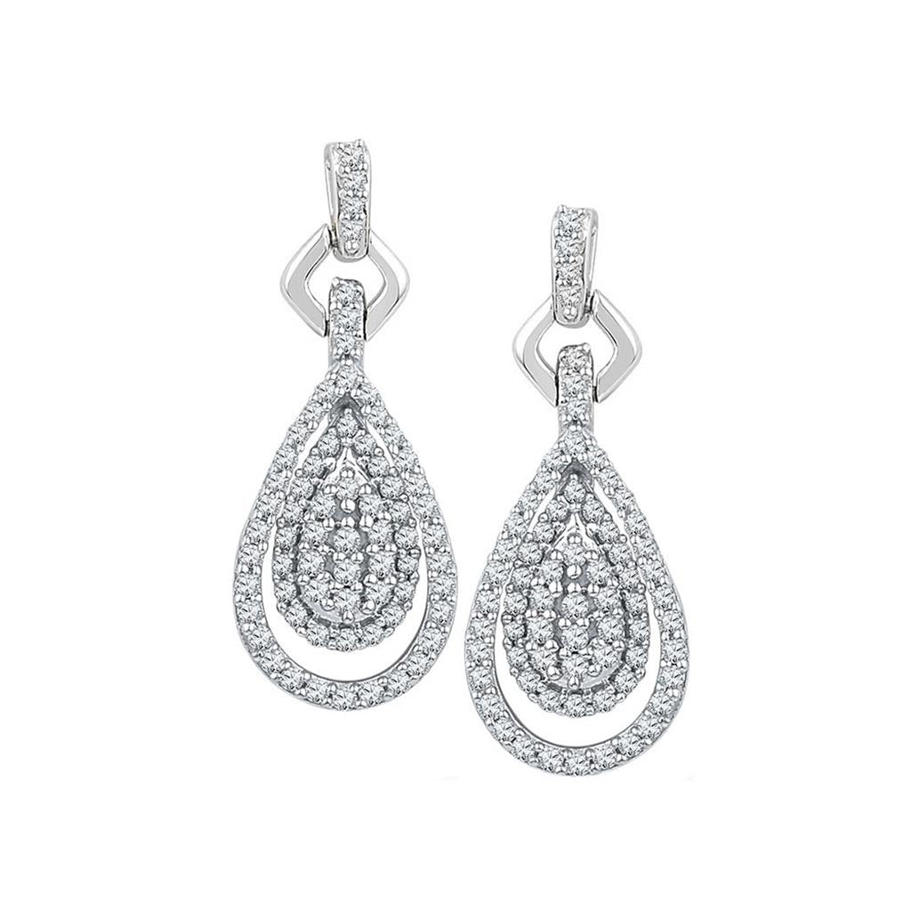 14k White Gold Round Diamond Teardrop Cluster Dangle Earrings 1/2 Cttw