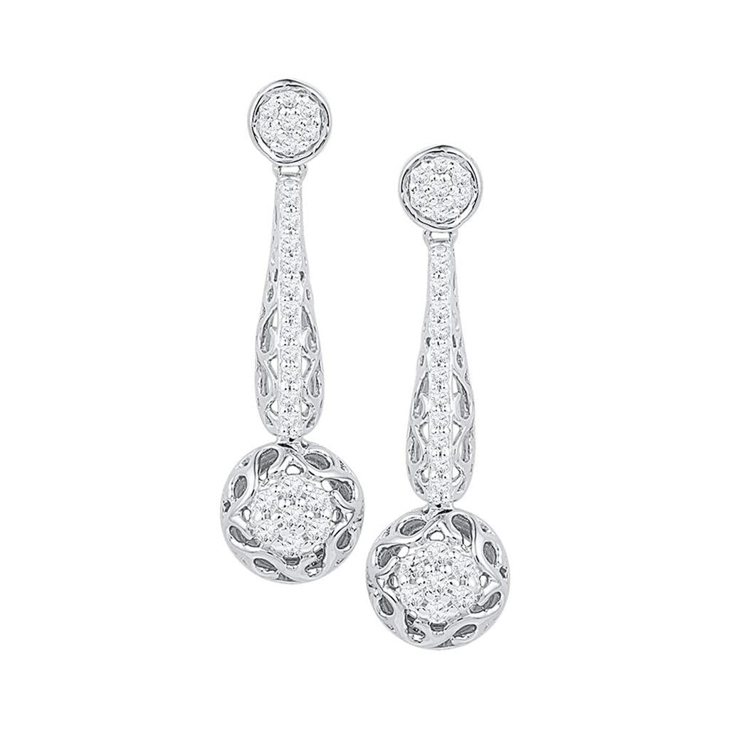 14k White Gold Round Diamond Flower Cluster Dangle Earrings 1/3 Cttw