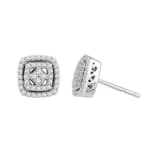14k White Gold Round Diamond Square Stud Earrings 3/8 Cttw