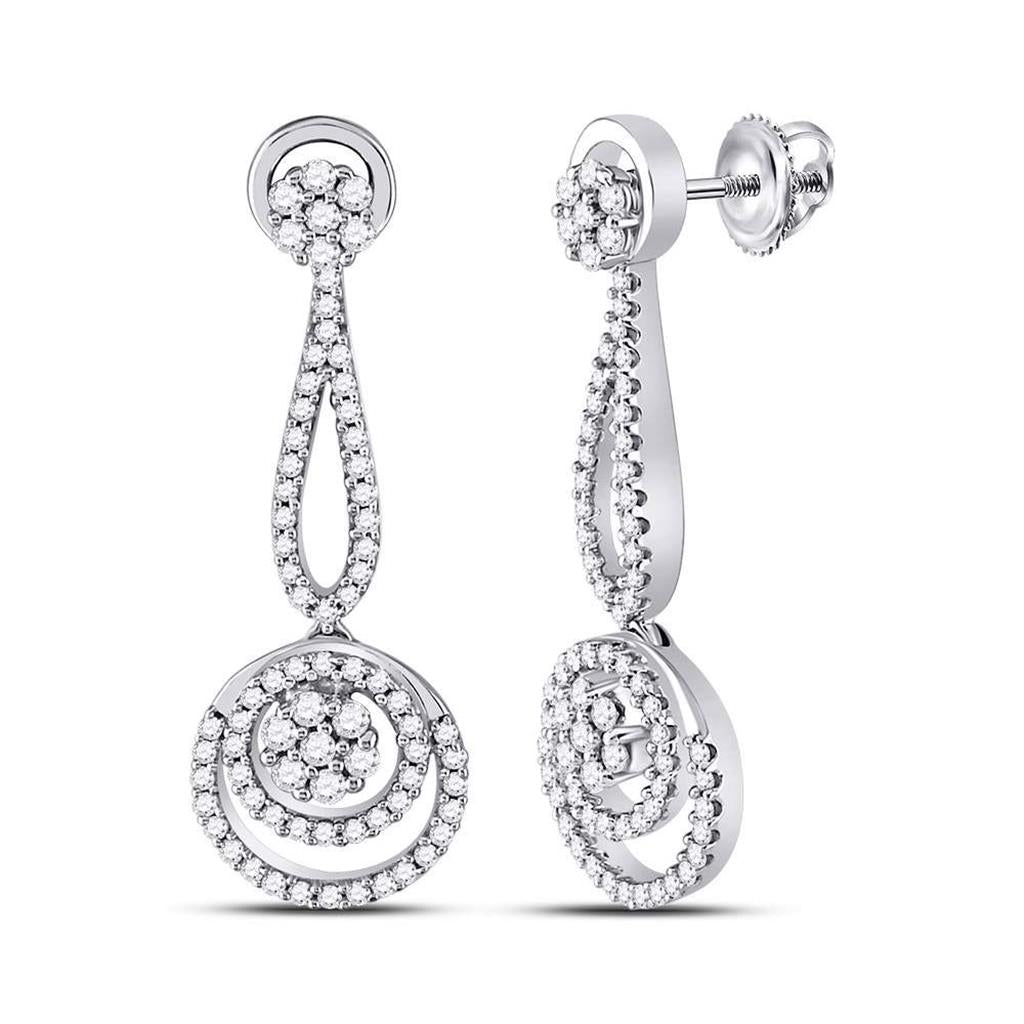 14k White Gold Round Diamond Circle Cluster Dangle Earrings 1 Cttw