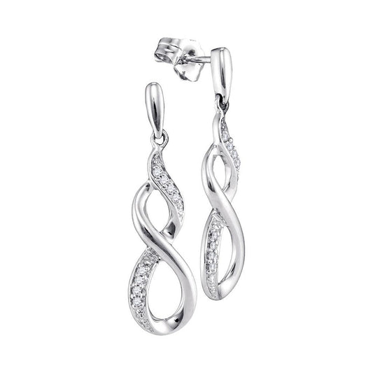 14k White Gold Round Diamond Infinity Dangle Earrings 1/20 Cttw