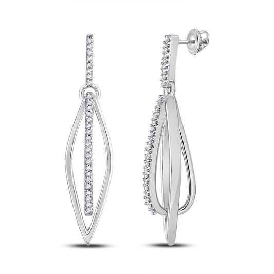 14k White Gold Round Diamond Oblong Oval Dangle Earrings 1/6 Cttw