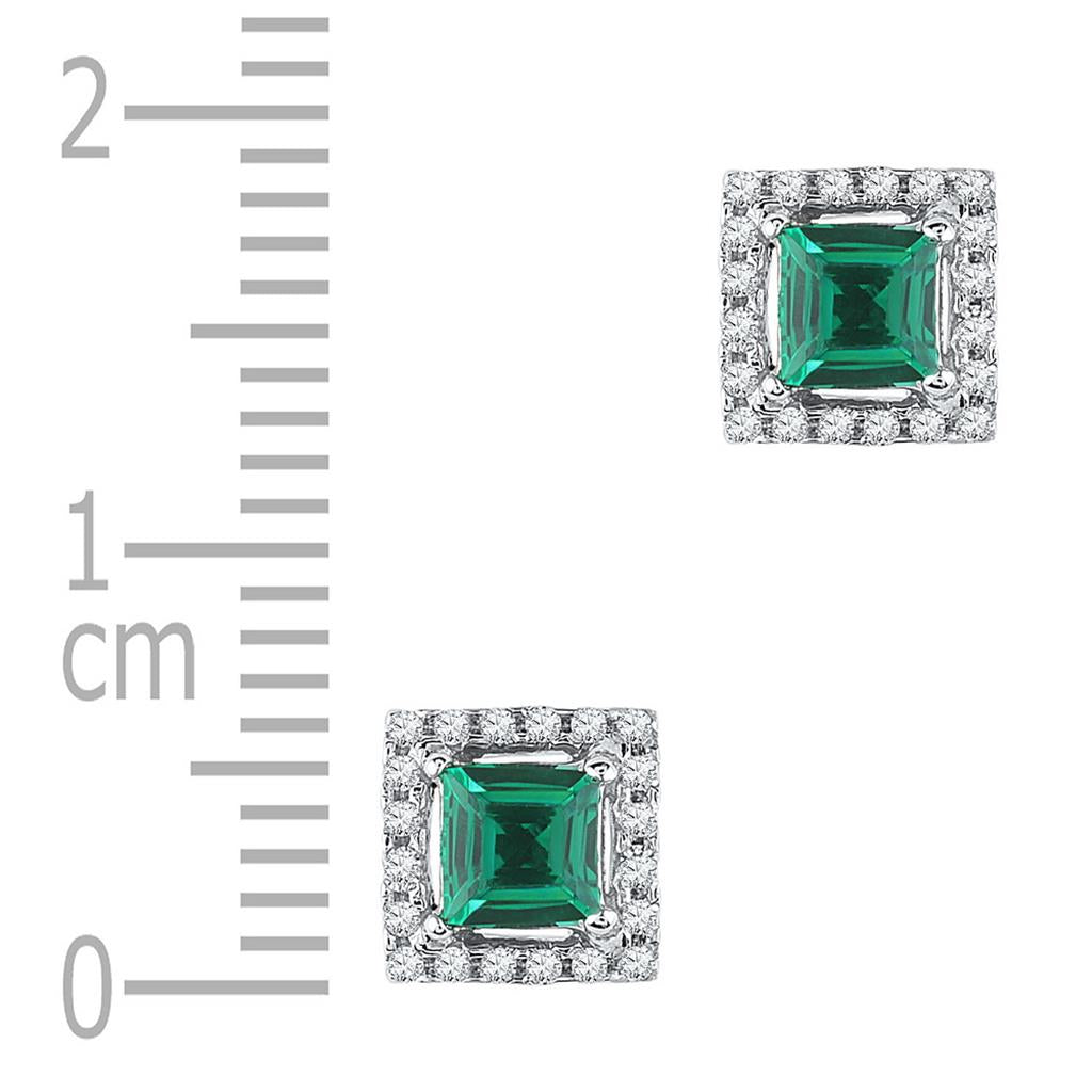 14k White Gold Princess Created Emerald Stud Earrings 1/8 Cttw