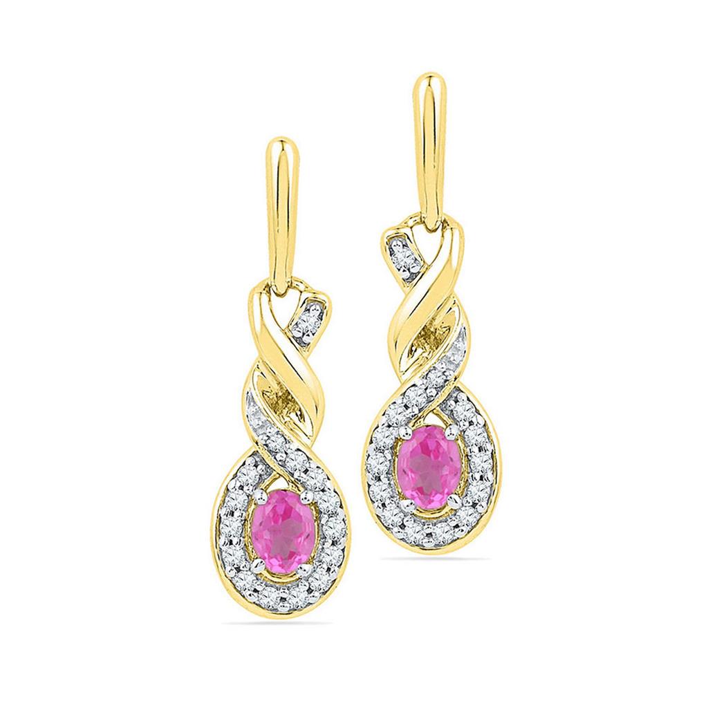 10k Yellow Gold Oval Created Pink Sapphire Twist Dangle Earrings 5/8 Cttw