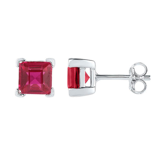 14k White Gold Princess Created Ruby Solitaire Earrings 2 Cttw