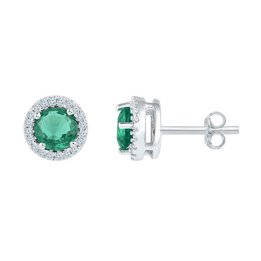 14k White Gold Round Created Emerald Solitaire Stud Earrings 1 Cttw