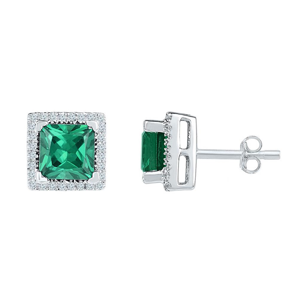 14k White Gold Princess Created Emerald Solitaire Stud Earrings 1-3/4 Cttw