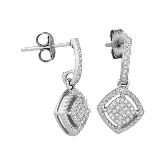 14k White Gold Round Diamond Rope Square Dangle Earrings 1/6 Cttw
