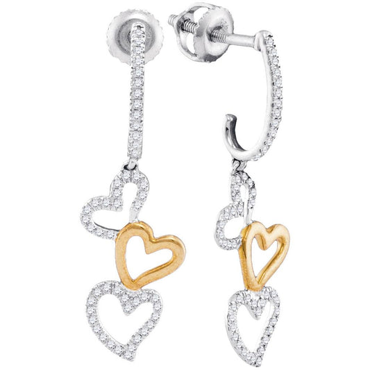 10k Two-tone White Gold Round Diamond Dangling Triple Heart Earrings 1/4 Cttw