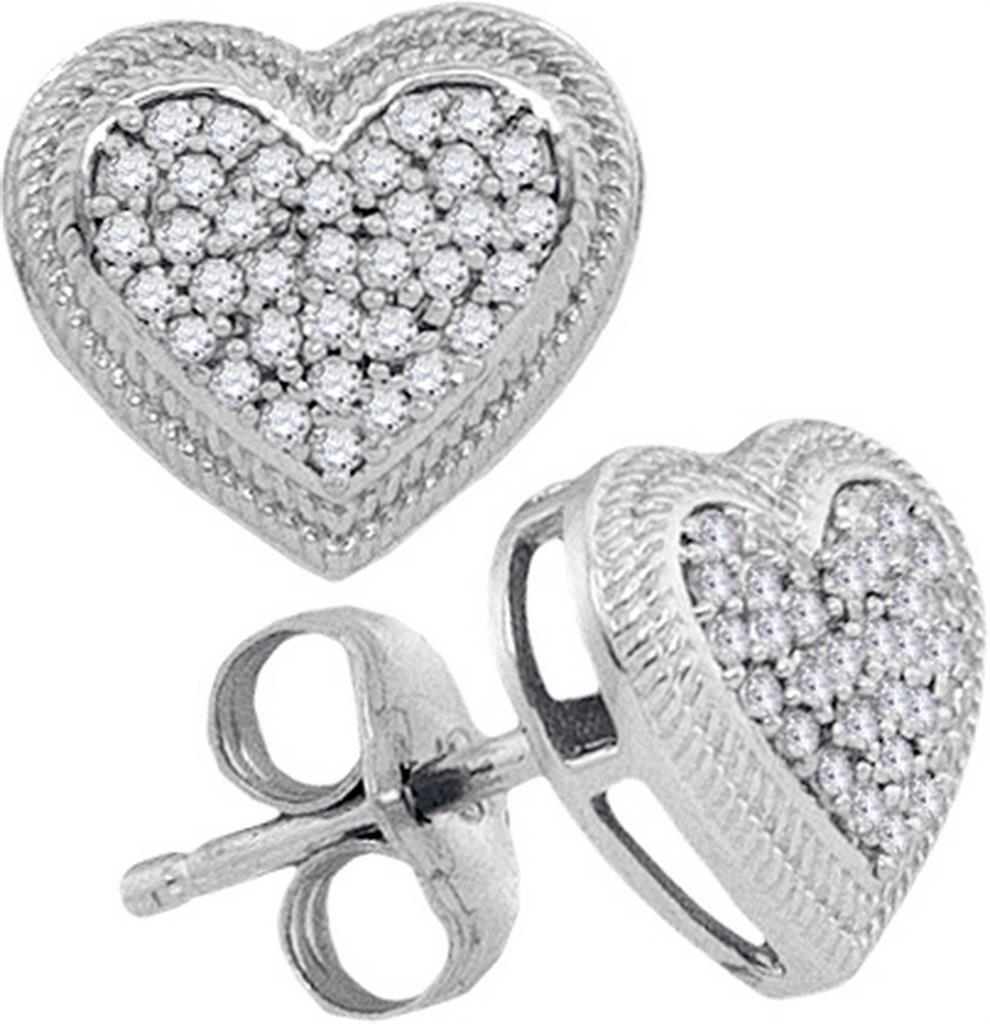 14k White Gold Round Diamond Heart Cluster Earrings 1/5 Cttw