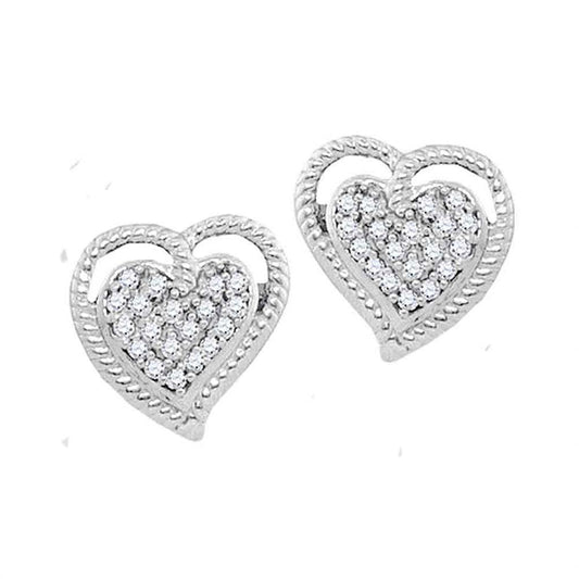 14k White Gold Round Diamond Rope Heart Cluster Earrings 1/10 Cttw