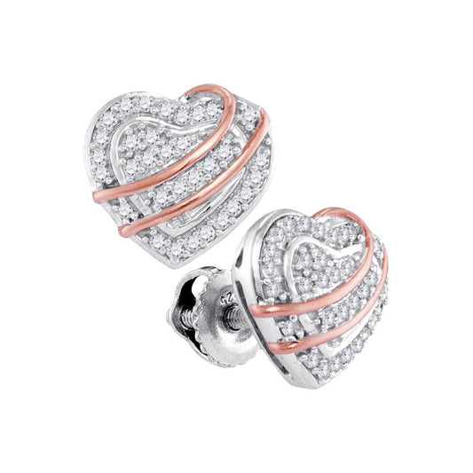 10k Two-tone Gold Round Diamond Heart Earrings 1/6 Cttw