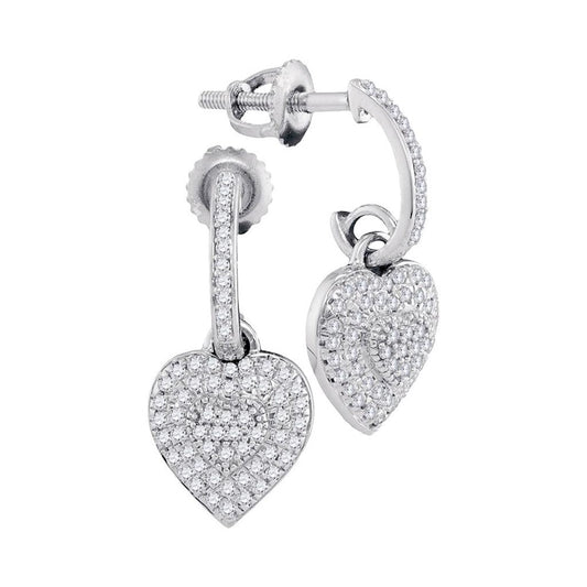 14k White Gold Round Diamond Heart Dangle Earrings 1/4 Cttw