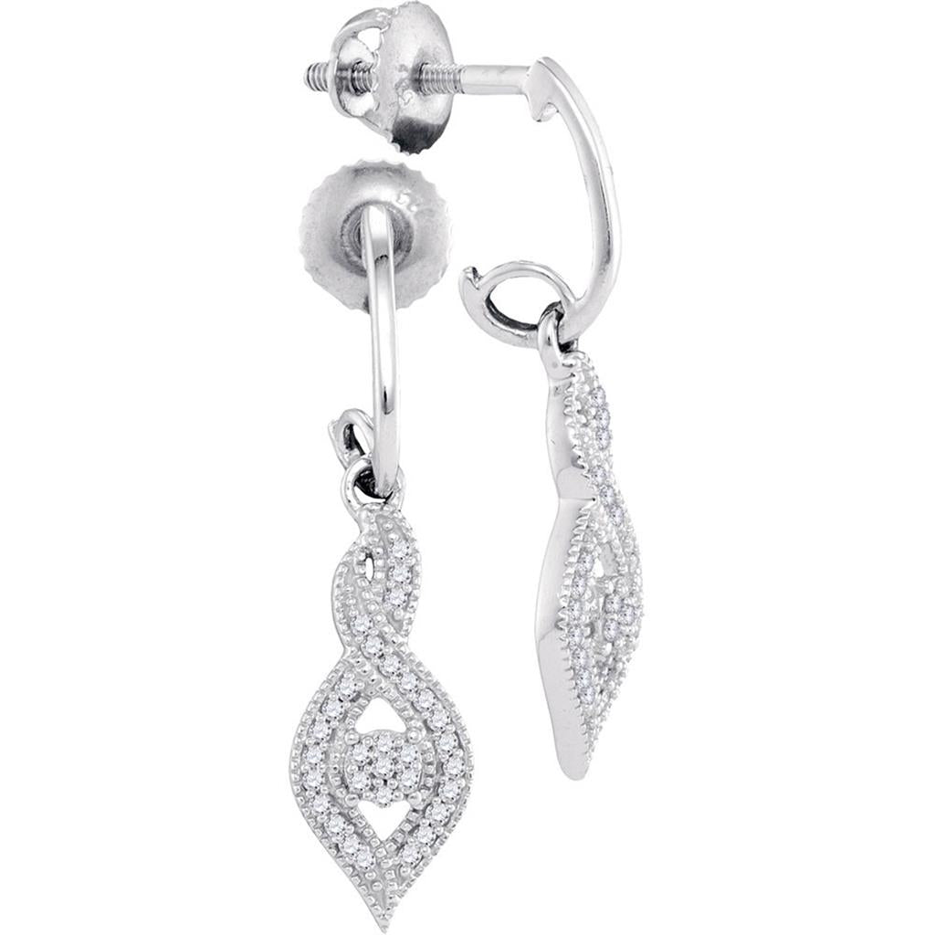 14k White Gold Round Diamond Cluster Dangle Earrings 1/6 Cttw