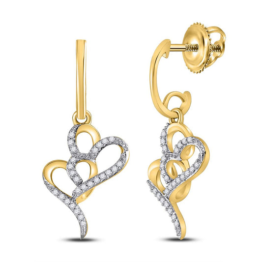 10k Yellow Gold Round Diamond Heart Dangle Earrings 1/6 Cttw