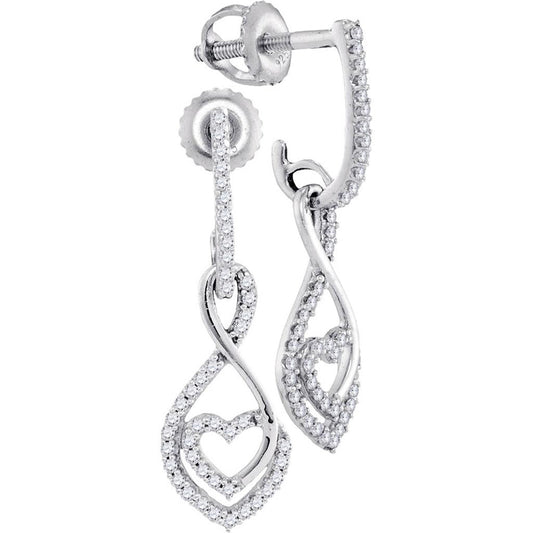 14k White Gold Round Diamond Heart Dangle Earrings 1/4 Cttw