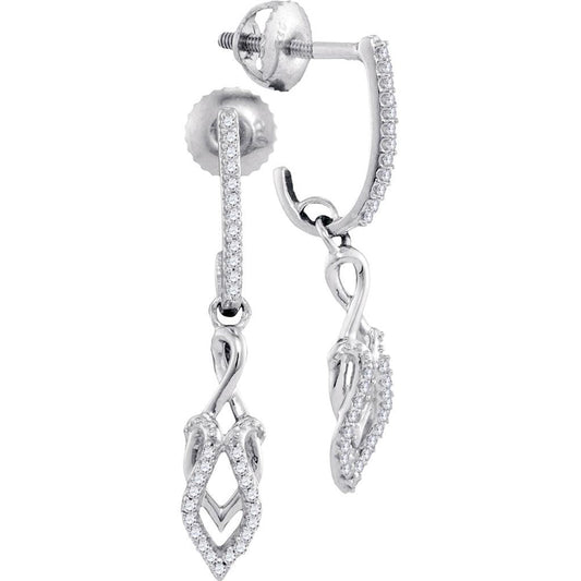 14k White Gold Round Diamond J-Hoop Dangle Earrings 1/6 Cttw